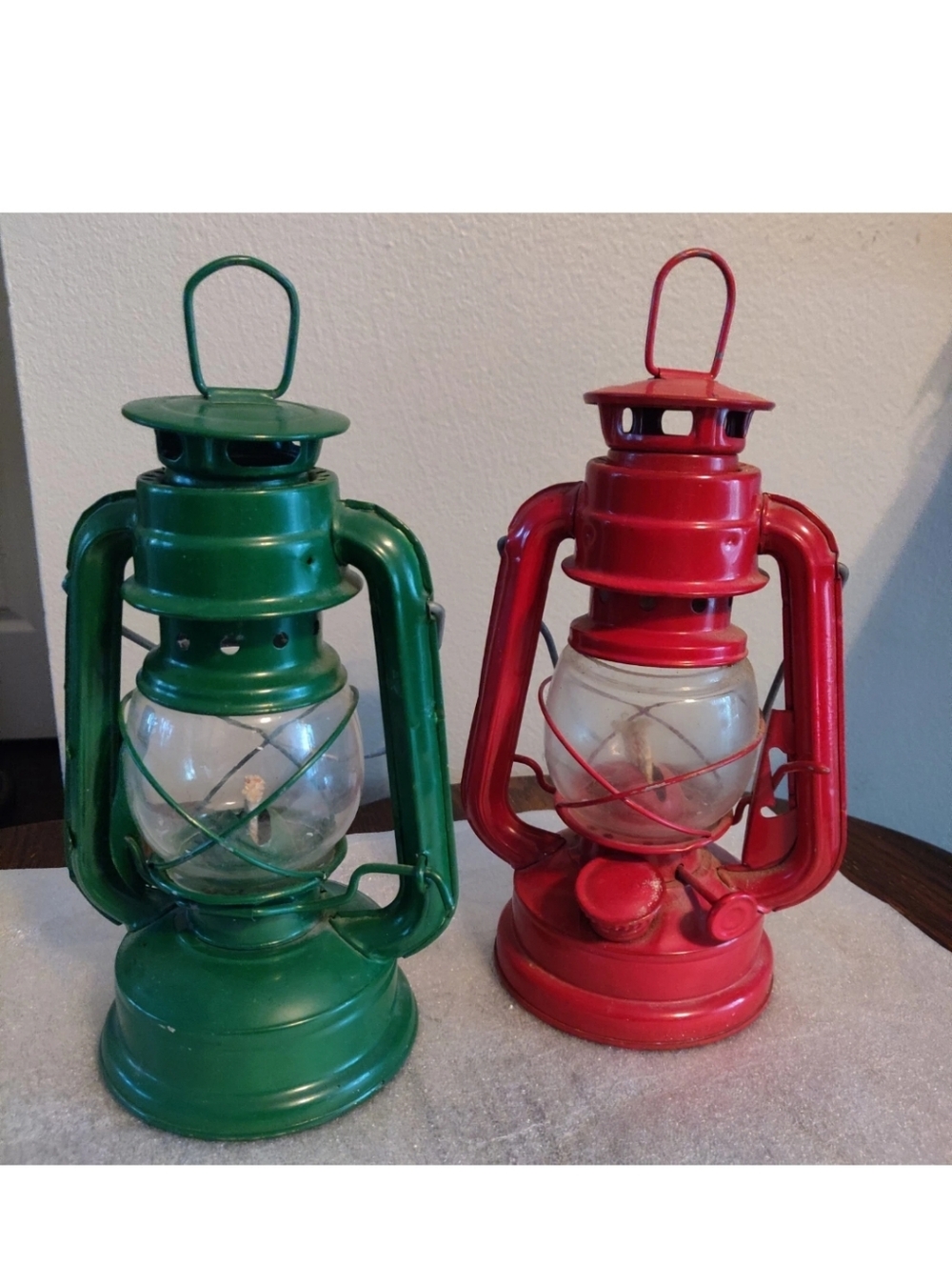 2 Rare department 56 Oil Burning Hurricane Lanterns Red Green Vintage Christmas
